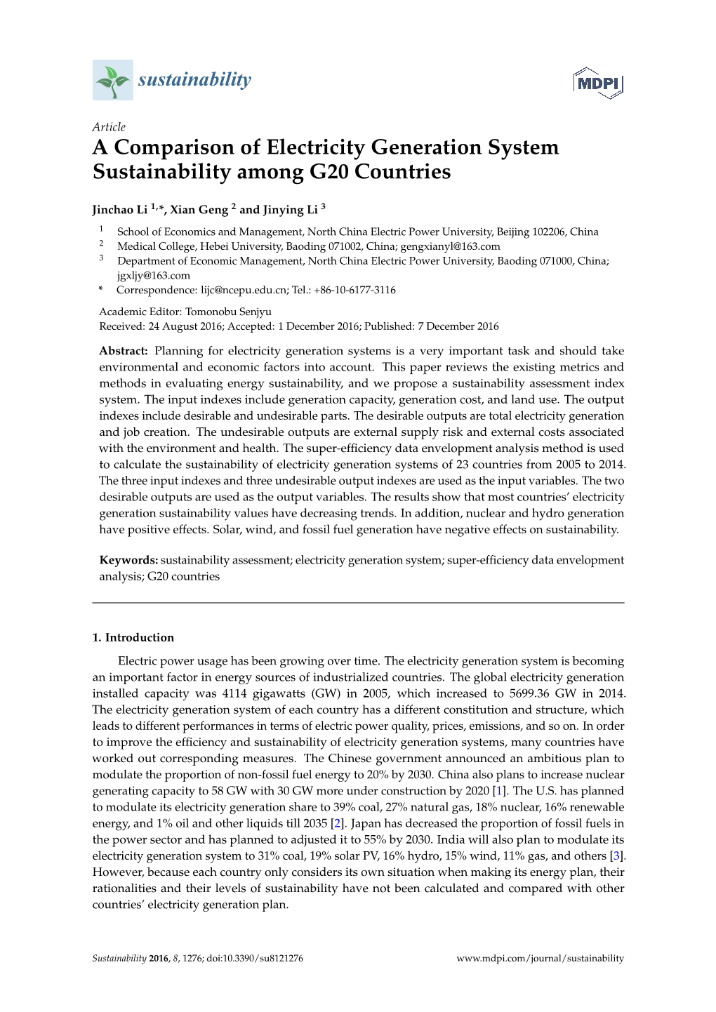 A Comparison of Electricity Generation System Sustainability Among G20 Countries