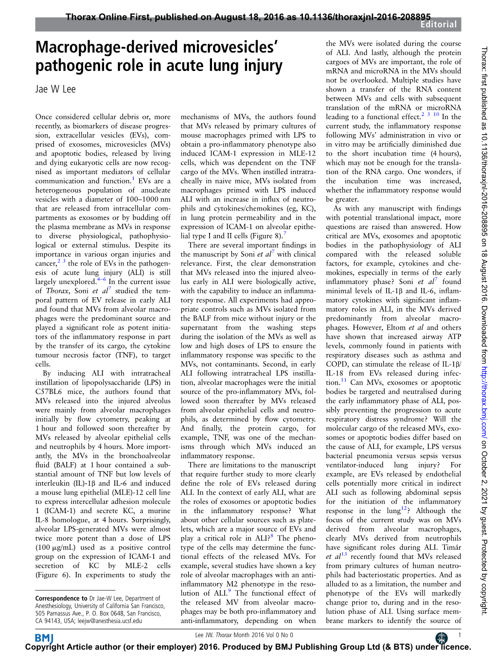 Macrophage-Derived Microvesicles' Pathogenic Role in Acute Lung Injury