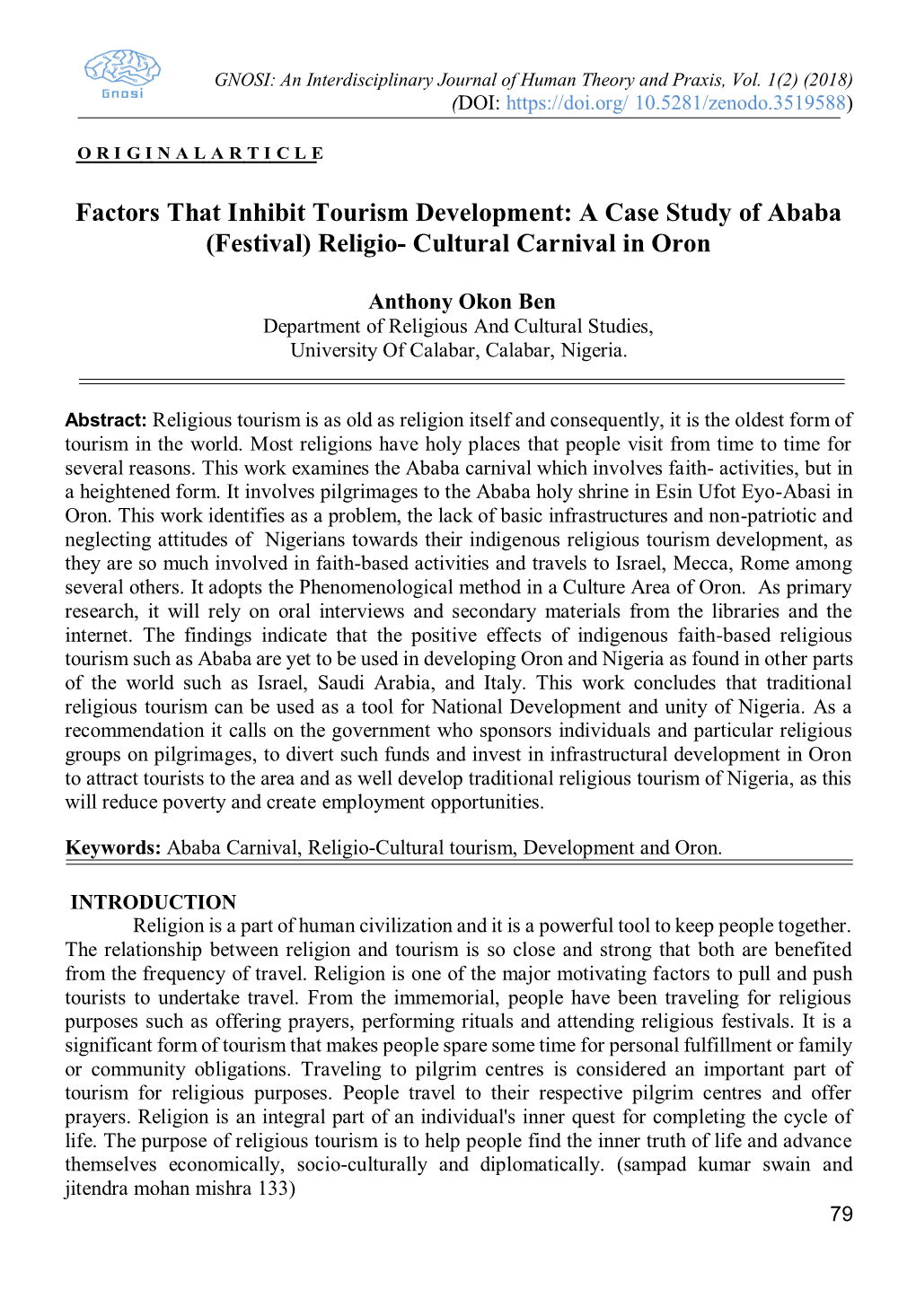 A Case Study of Ababa (Festival) Religio- Cultural Carnival in Oron