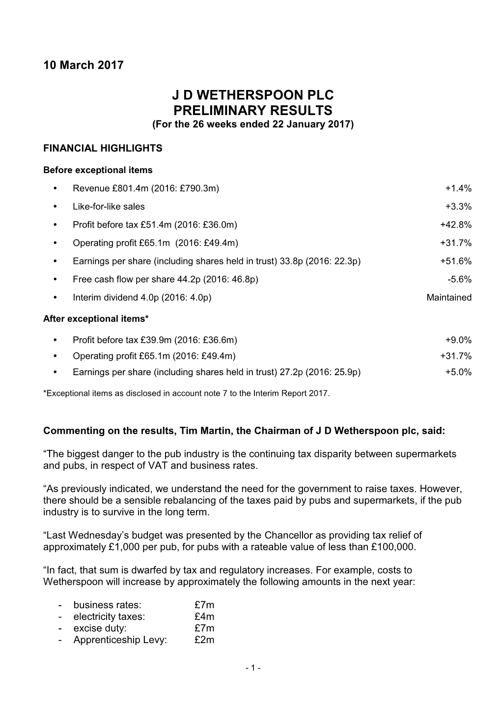 Jd Wetherspoon Plc Preliminary Results