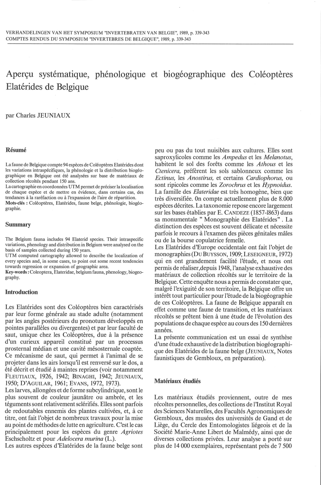 Apercu Systematique, Phenologique Et Biogeographique Des Coleopteres Elaterides De Belgique