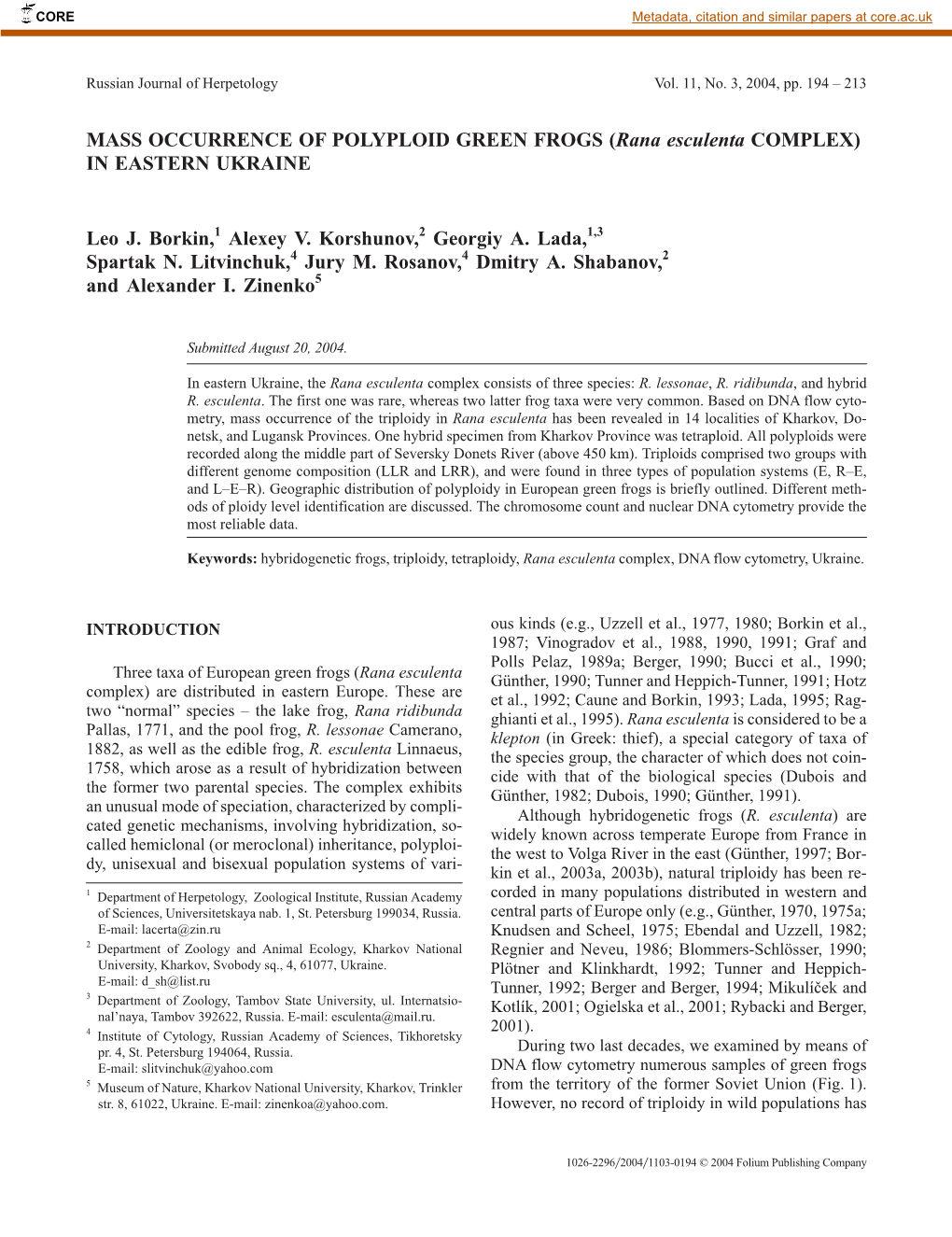 MASS OCCURRENCE of POLYPLOID GREEN FROGS (Rana Esculenta COMPLEX) in EASTERN UKRAINE