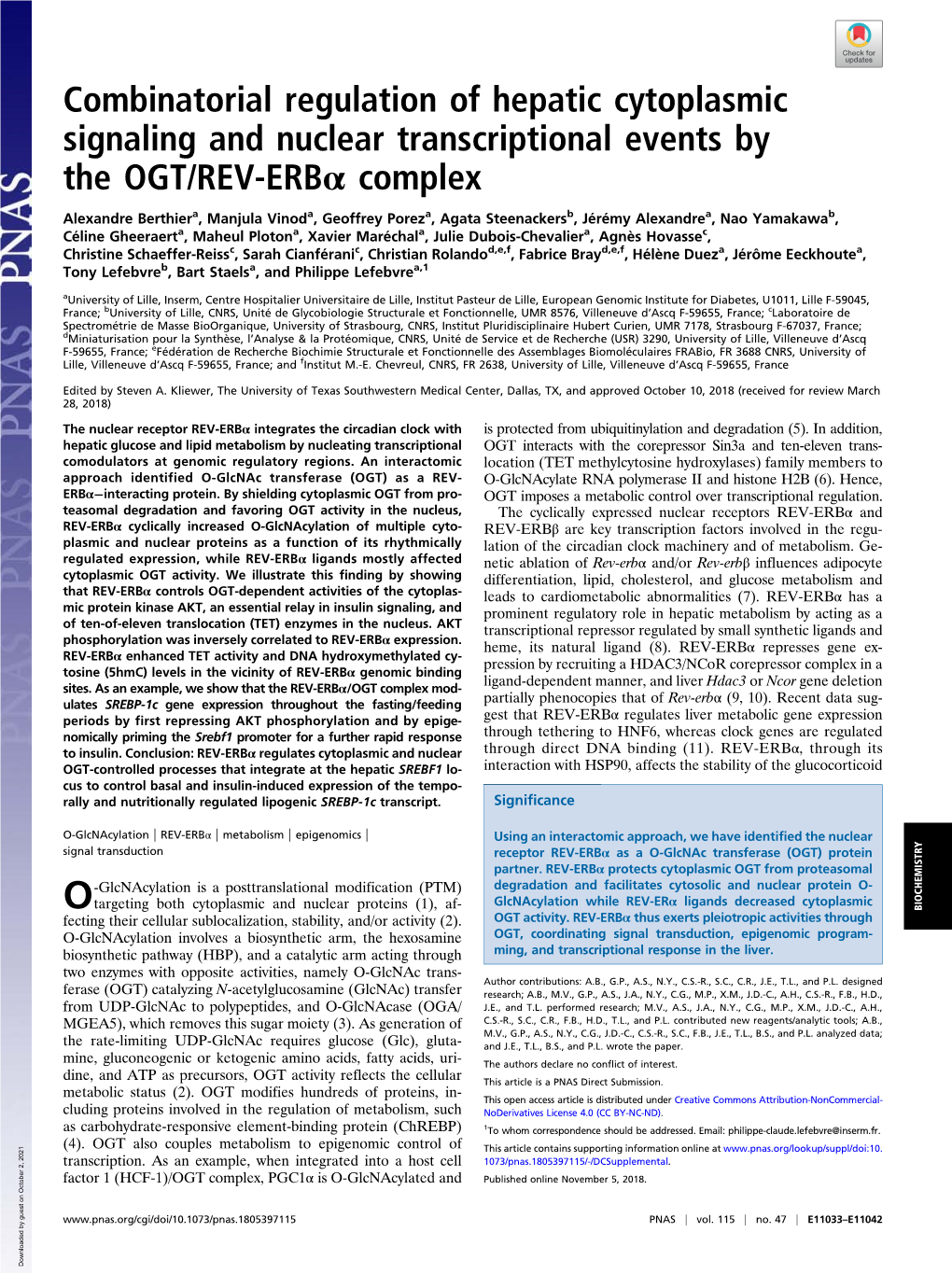 Combinatorial Regulation of Hepatic Cytoplasmic Signaling and Nuclear Transcriptional Events by the OGT/REV-Erbα Complex