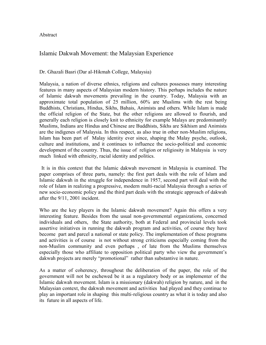 Islamic Dakwah Movement: Malaysian Experience