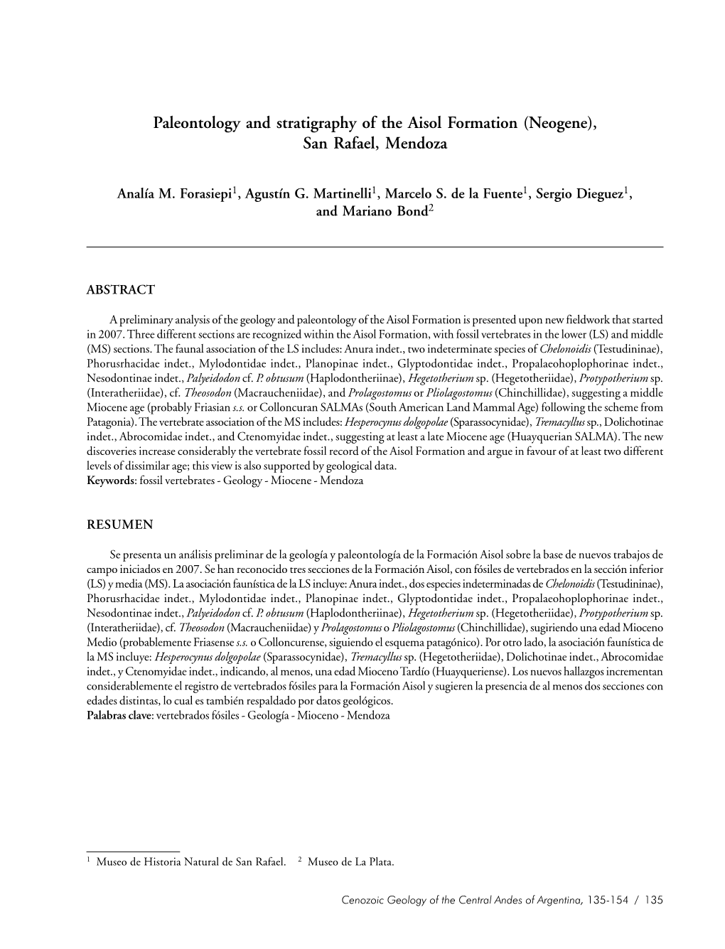 Paleontology and Stratigraphy of the Aisol Formation (Neogene), San Rafael, Mendoza