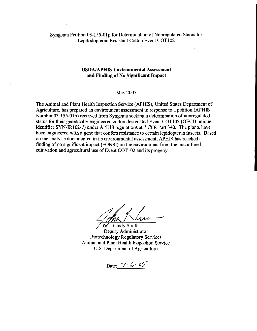 USDA/APHIS Environmental Assessment