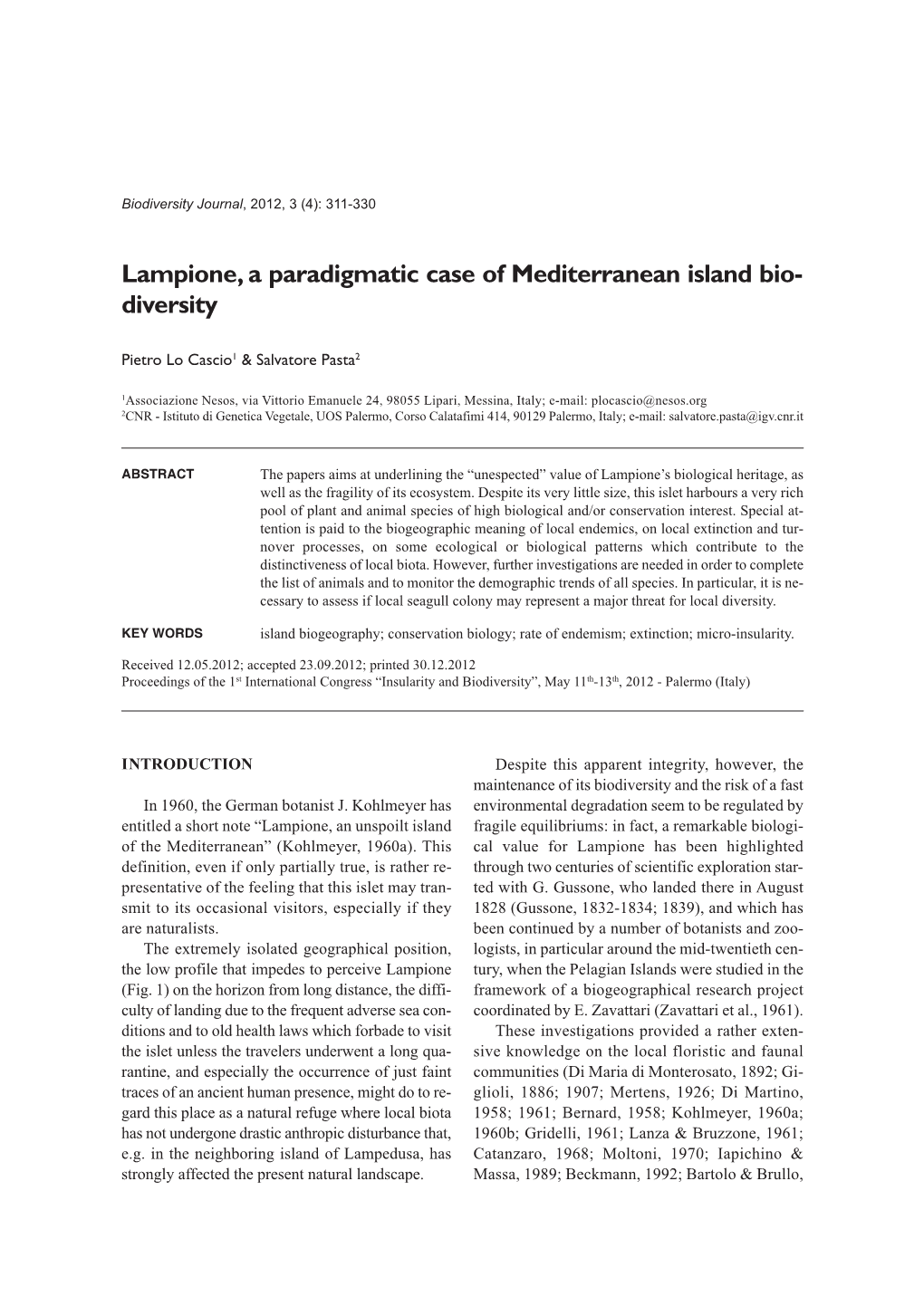 Lampione, a Paradigmatic Case of Mediterranean Island Bio - Diversity