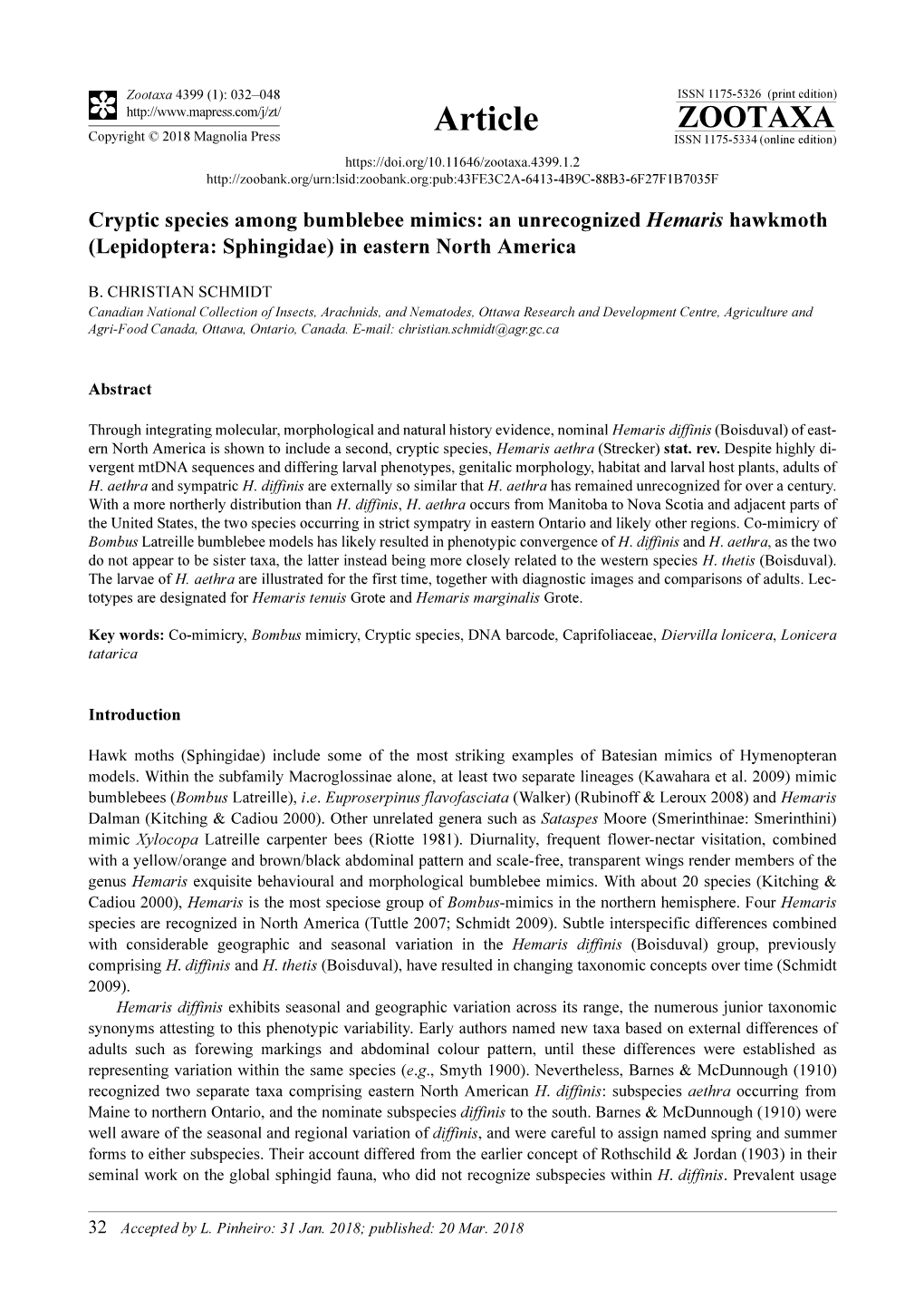 Cryptic Species Among Bumblebee Mimics: an Unrecognized Hemaris Hawkmoth (Lepidoptera: Sphingidae) in Eastern North America