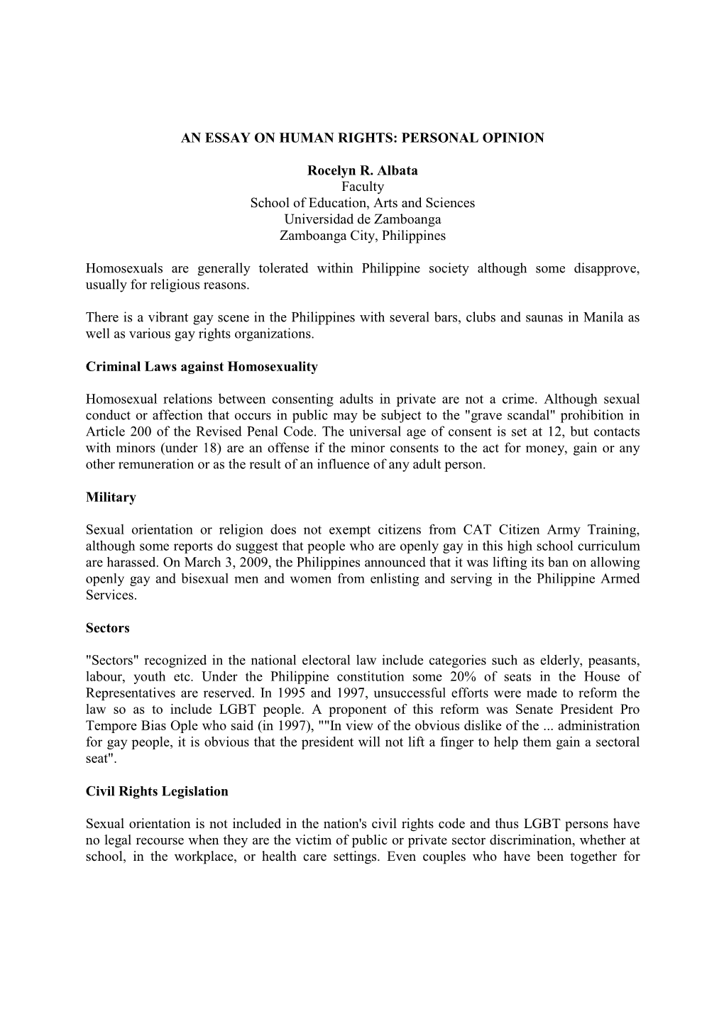 AN ESSAY on HUMAN RIGHTS: PERSONAL OPINION Rocelyn R