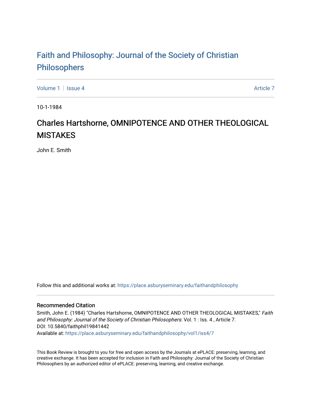 Charles Hartshorne, OMNIPOTENCE and OTHER THEOLOGICAL MISTAKES