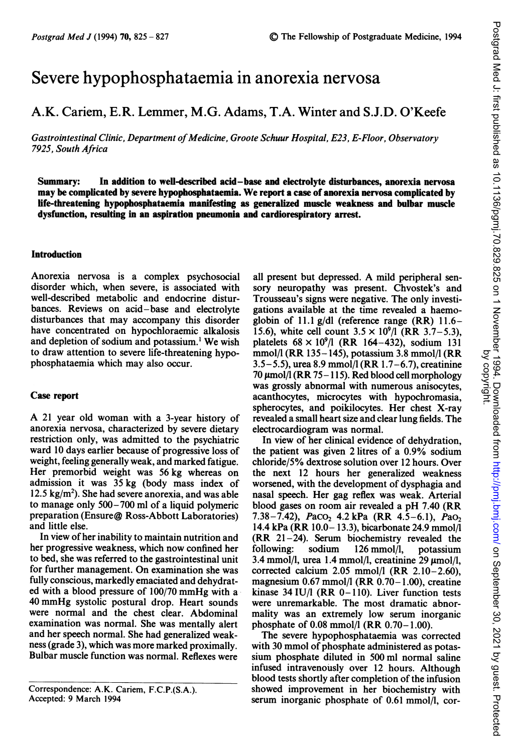 Severe Hypophosphataemia in Anorexia Nervosa A.K