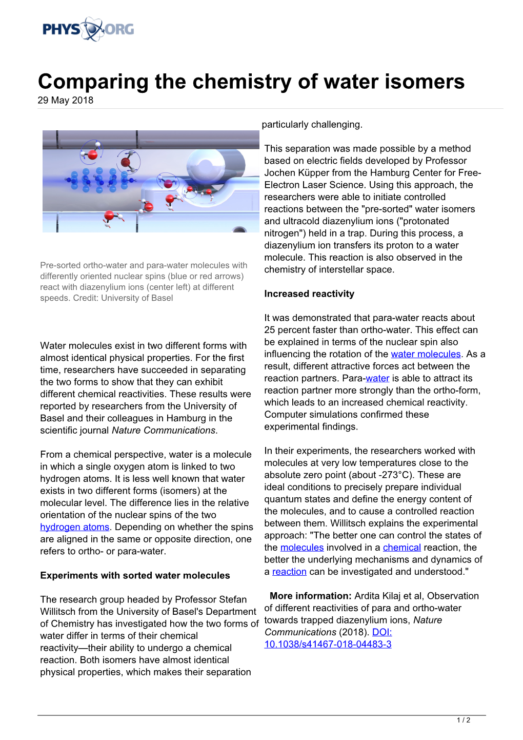 Comparing the Chemistry of Water Isomers 29 May 2018