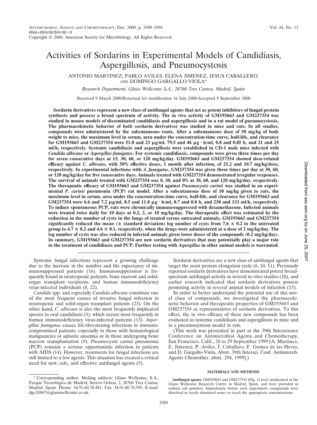 Activities of Sordarins in Experimental Models of Candidiasis