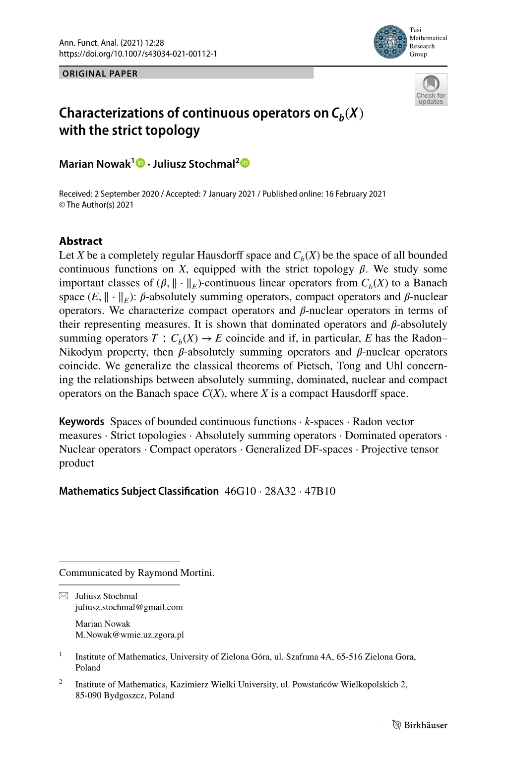 Characterizations of Continuous Operators on with the Strict Topology