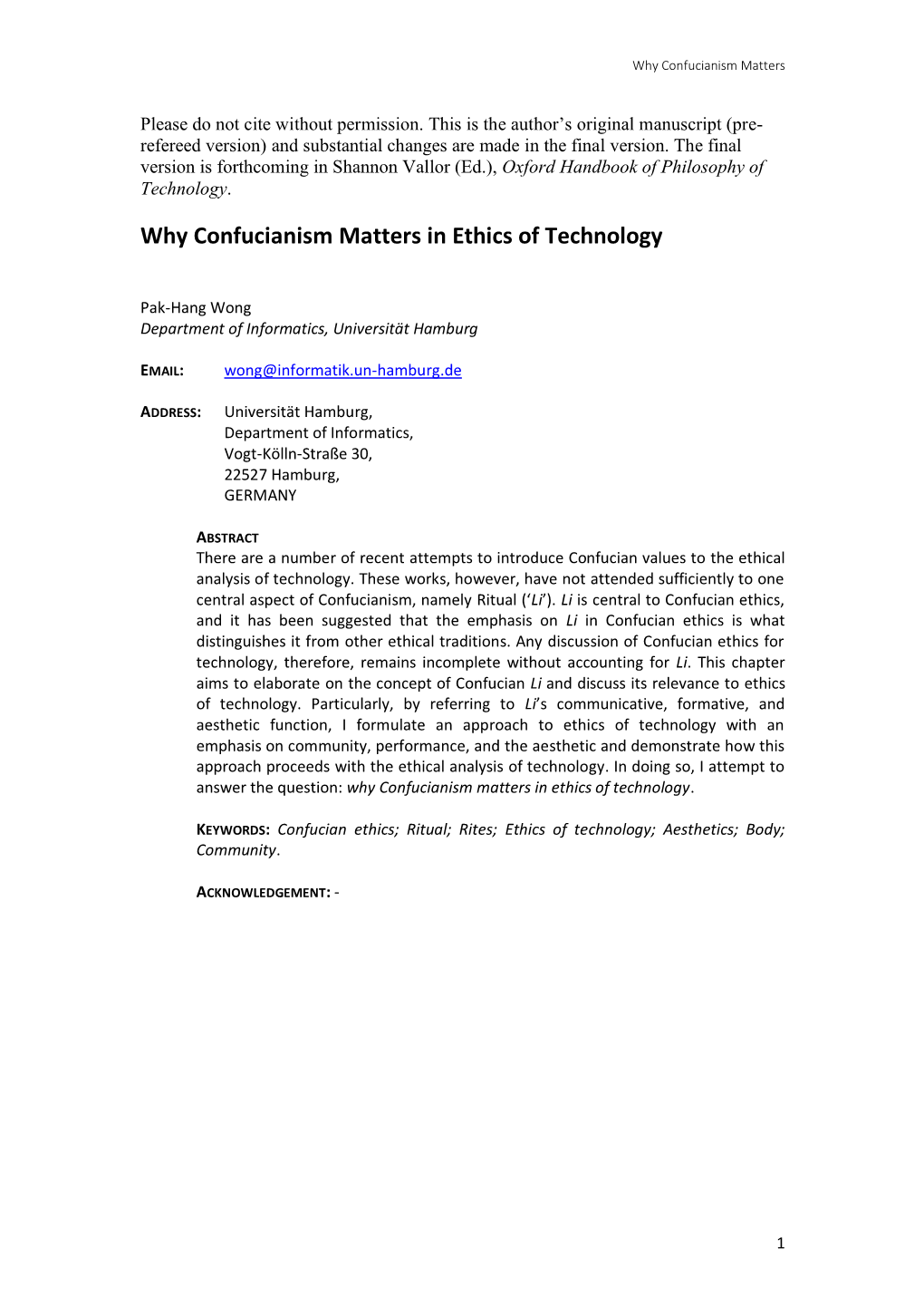 Why Confucianism Matters in Ethics of Technology