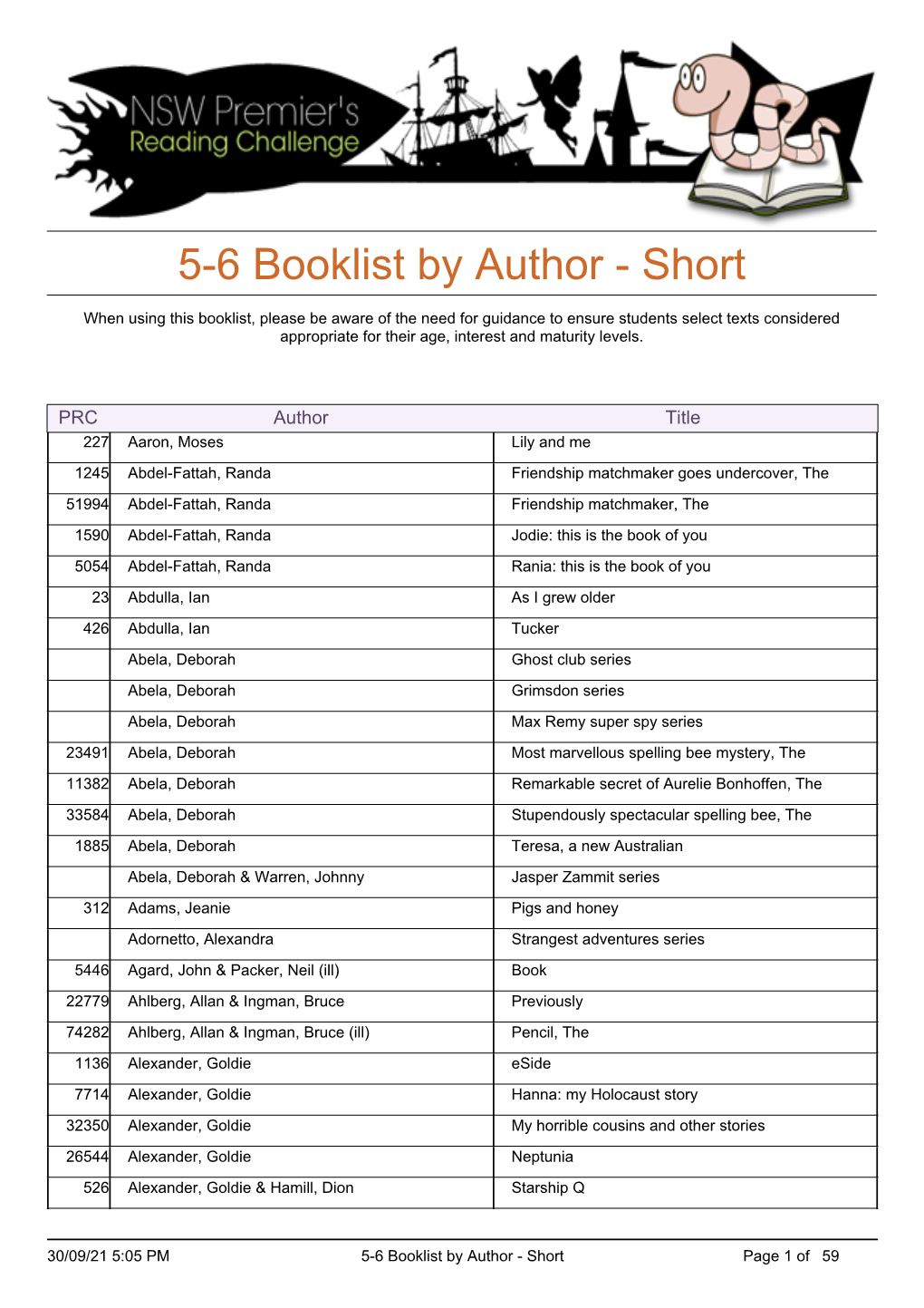 5-6 Booklist by Author - Short