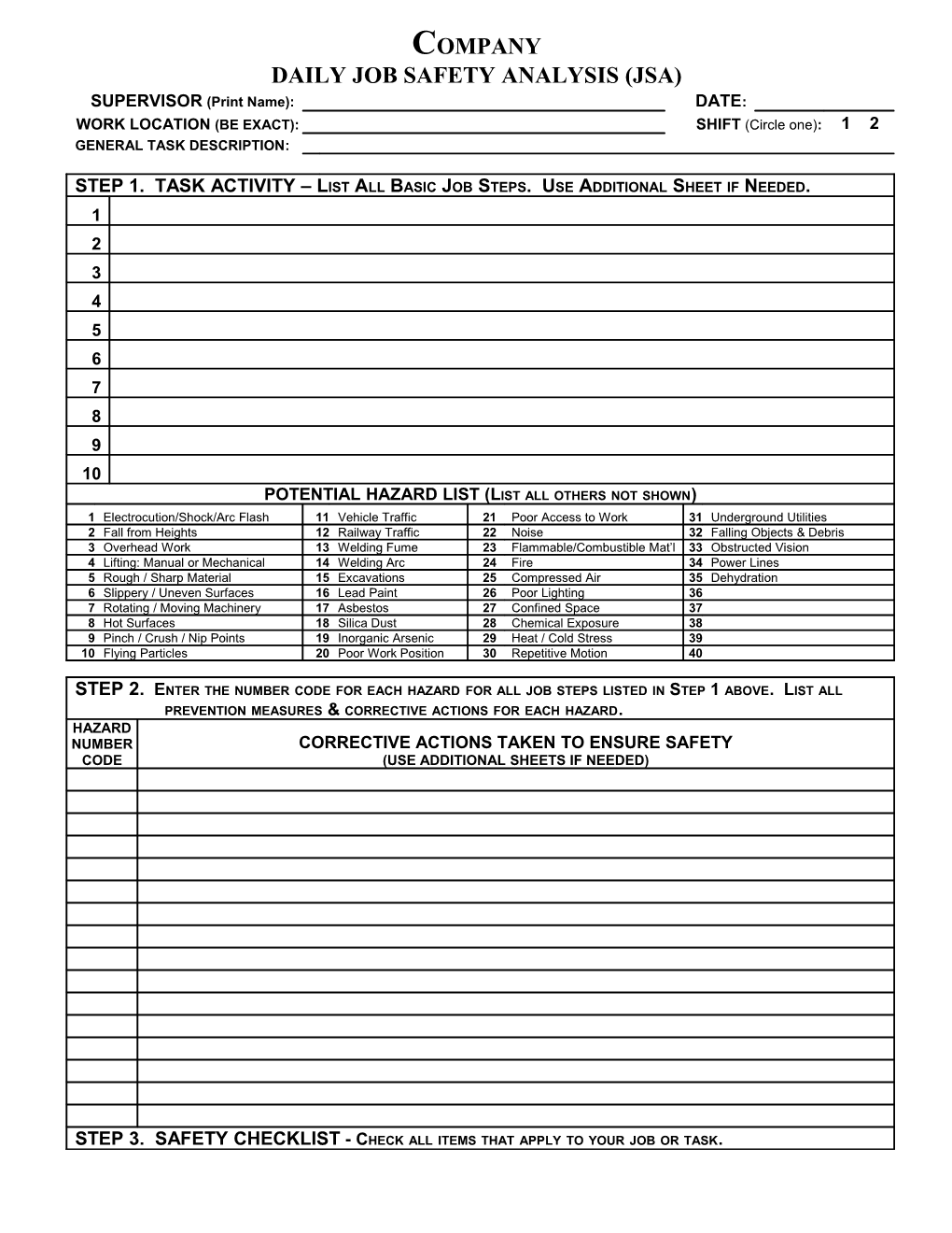 Pre-Task Job Safety Analysis (Jsa)