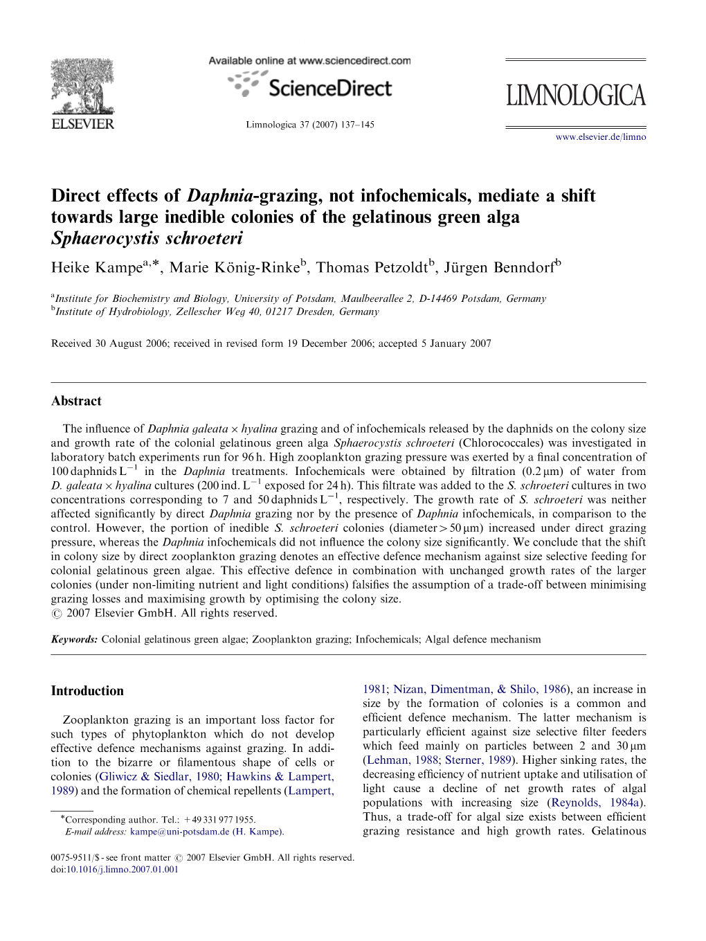 Direct Effects of Daphnia-Grazing, Not Infochemicals, Mediate a Shift