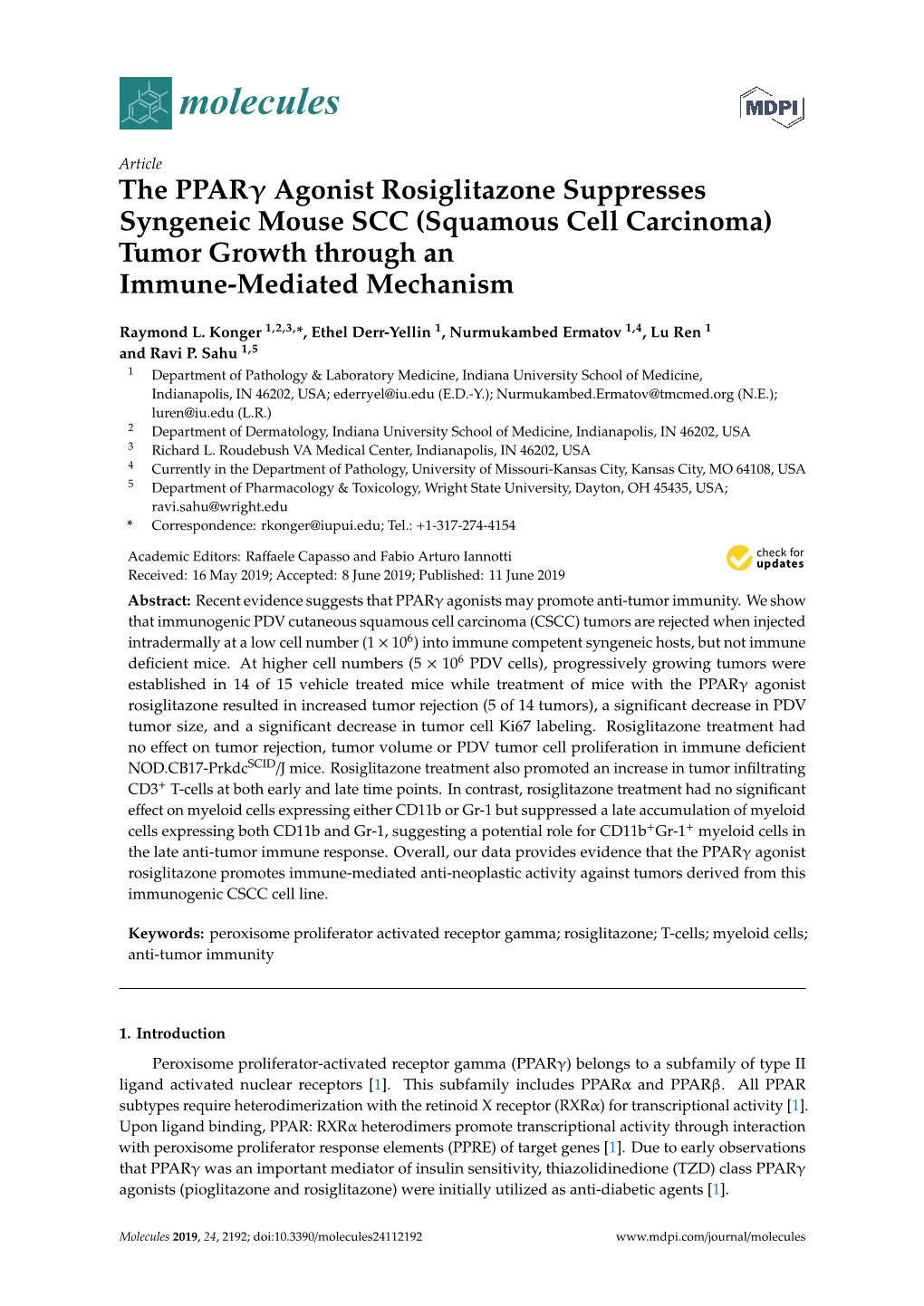 The Pparγ Agonist Rosiglitazone Suppresses Syngeneic Mouse SCC (Squamous Cell Carcinoma) Tumor Growth Through an Immune-Mediated Mechanism