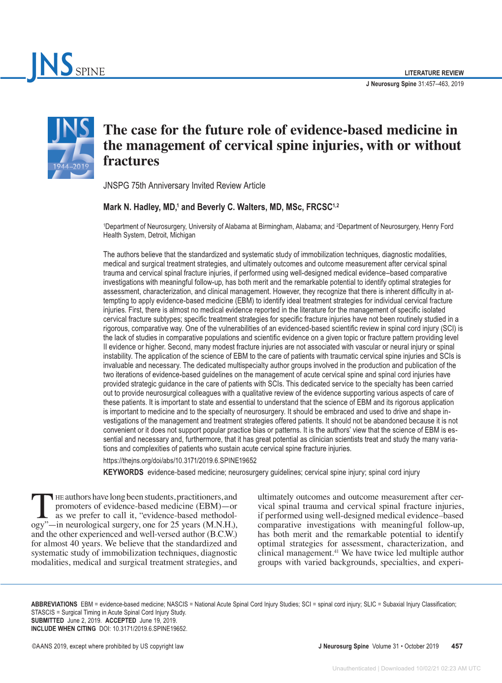 The Case for the Future Role of Evidence-Based Medicine in the Management of Cervical Spine Injuries, with Or Without Fractures