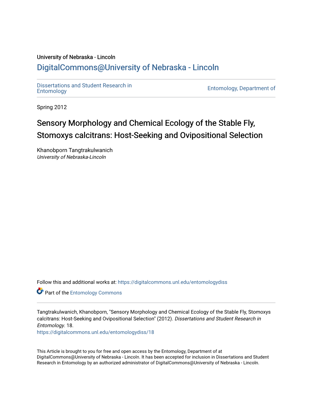 Sensory Morphology and Chemical Ecology of the Stable Fly, Stomoxys Calcitrans: Host-Seeking and Ovipositional Selection