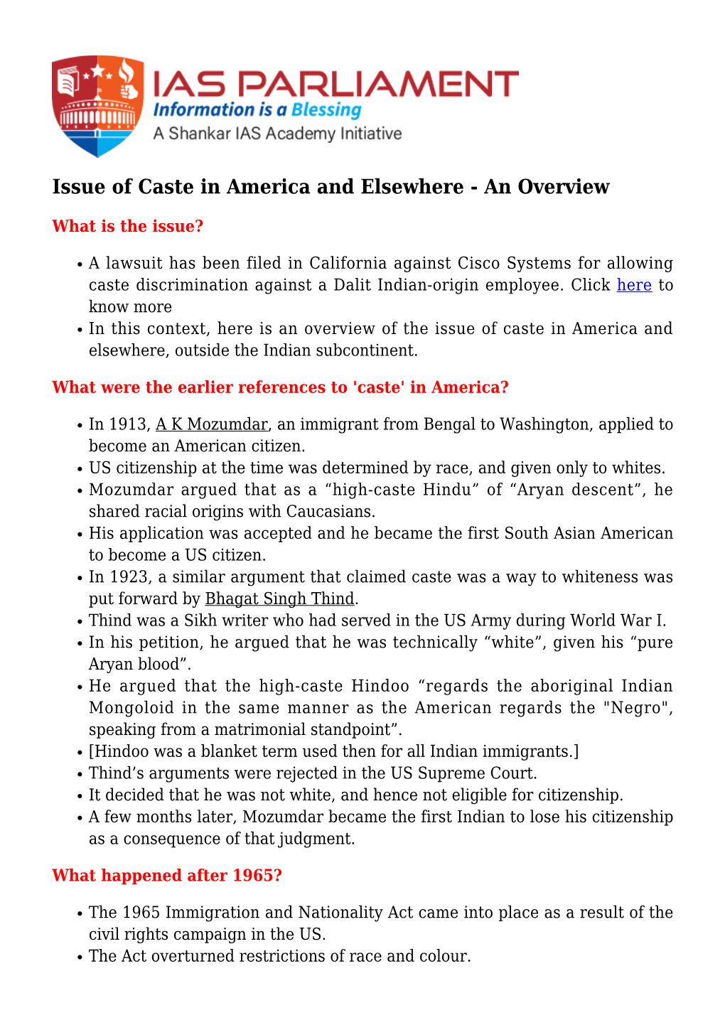 Issue of Caste in America and Elsewhere - an Overview