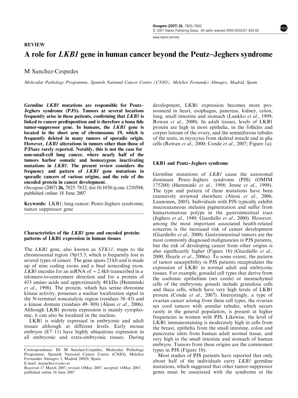 A Role for LKB1 Gene in Human Cancer Beyond the Peutz–Jeghers Syndrome