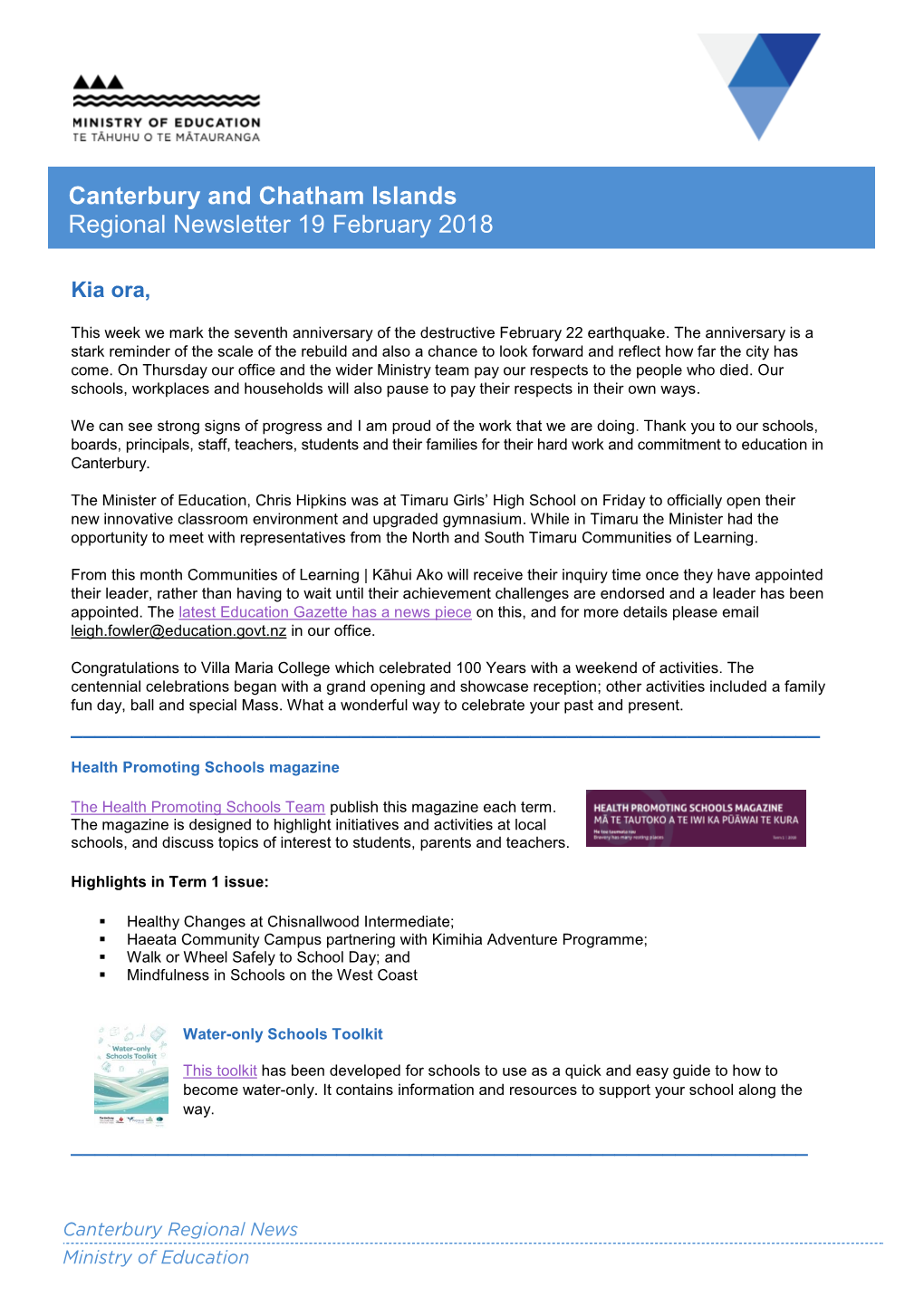 Canterbury Education Newsletter 19 February 2018