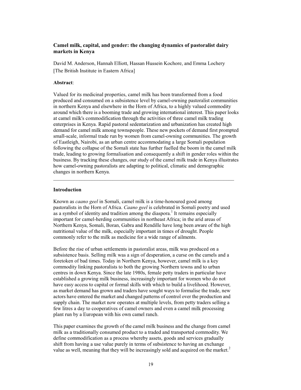 Camel Milk, Capital, and Gender: the Changing Dynamics of Pastoralist Dairy Markets in Kenya