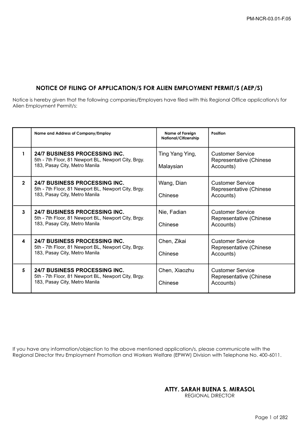 Notice of Filing of Application/S for Alien Employment Permit/S (Aep/S)