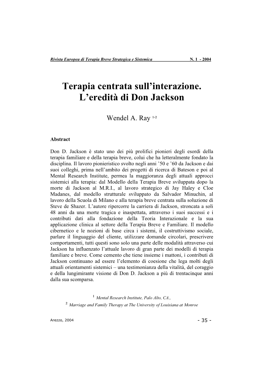 Terapia Centrata Sull'interazione. L'eredità Di Don Jackson