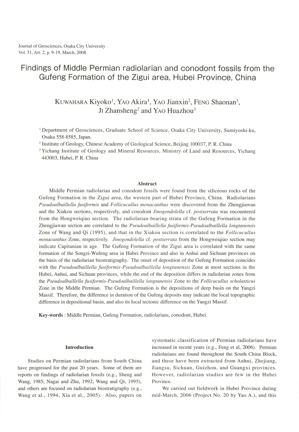 Findings of Middle Permian Radiolarian and Conodont Fossils from the Gufeng Formation of the Zigui Area, Hubei Province, China