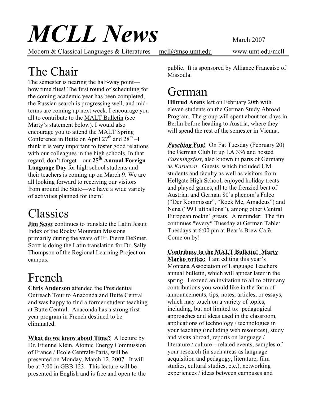 MCLL News March 2007 Modern & Classical Languages & Literatures Mcll@Mso.Umt.Edu