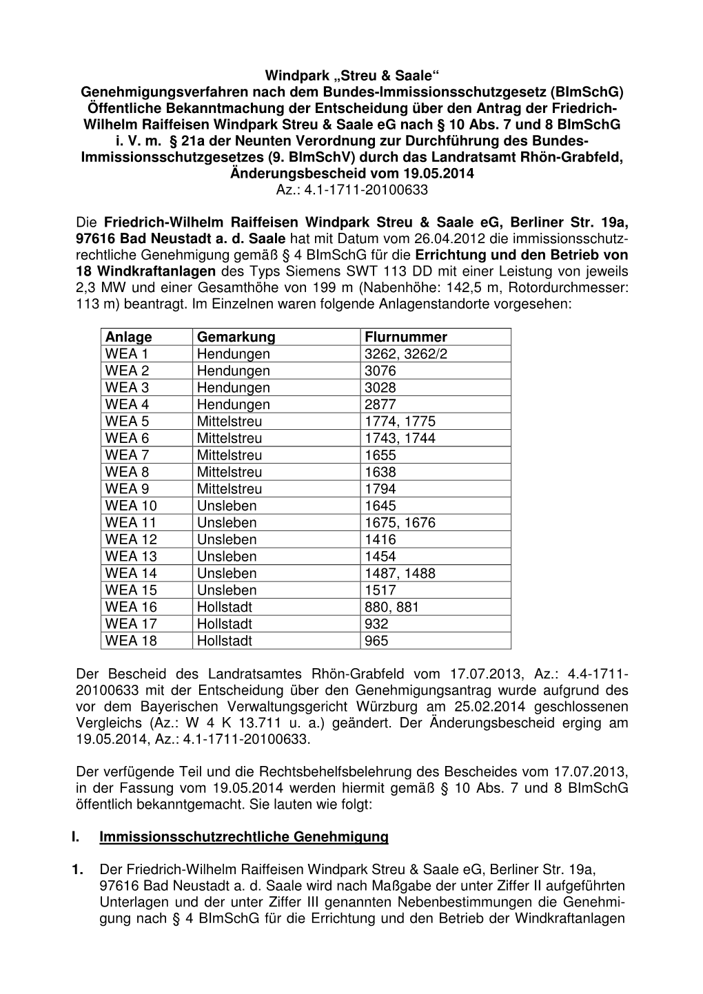 Bekanntmachung Änderungsbescheid 19 05 2014