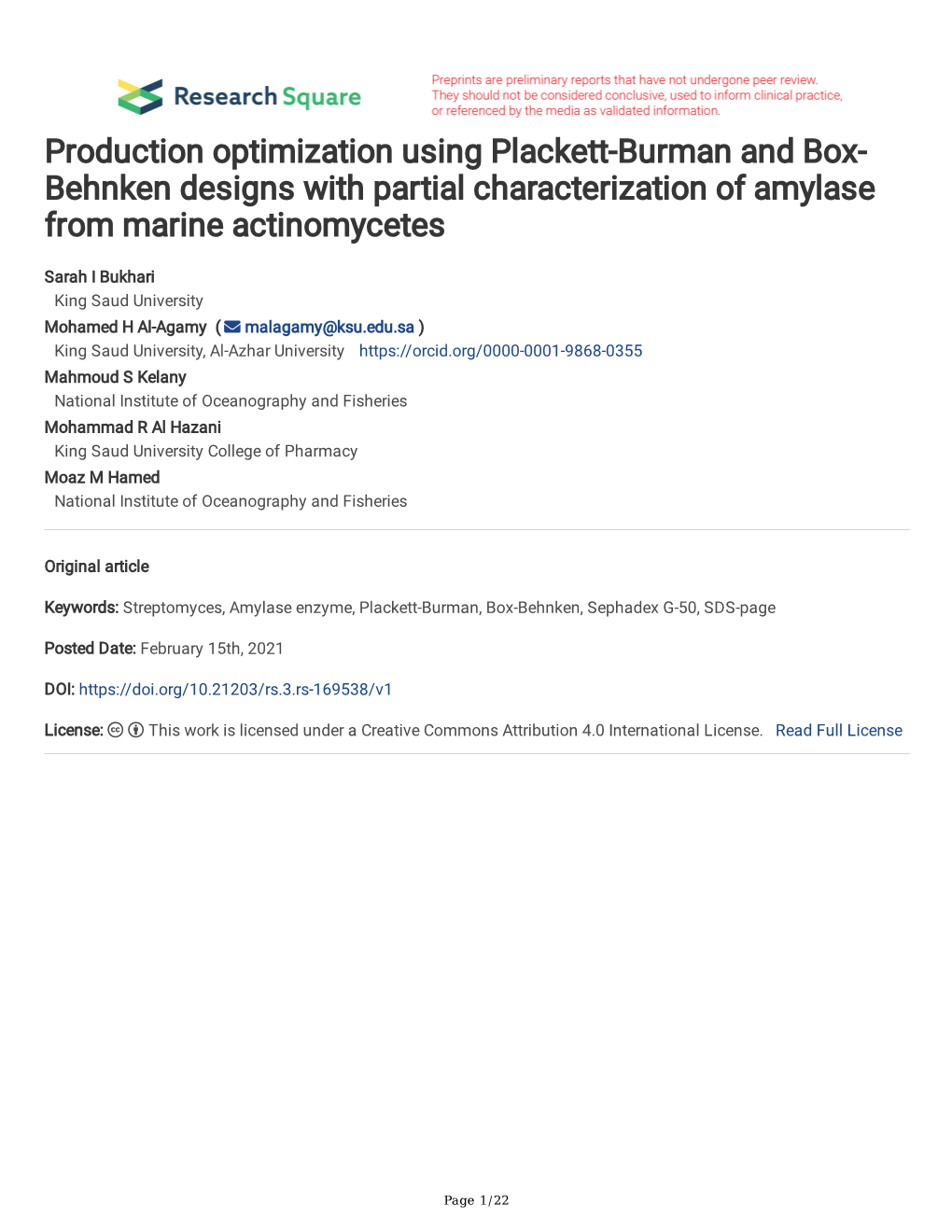 Production Optimization Using Plackett-Burman and Box- Behnken Designs with Partial Characterization of Amylase from Marine Actinomycetes