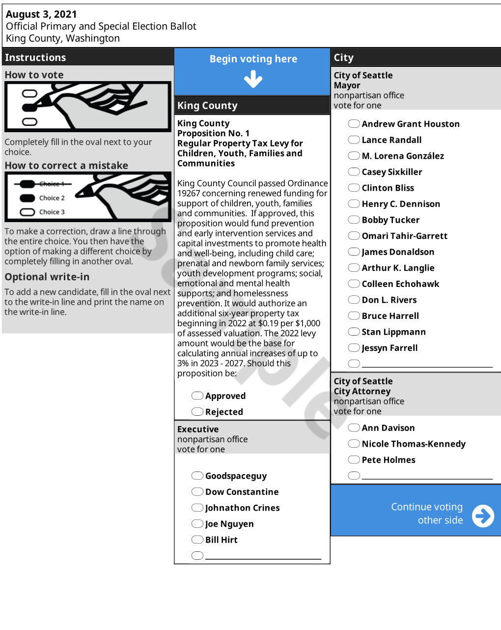 August 3, 2021 Official Primary and Special Election Ballot King County, Washington