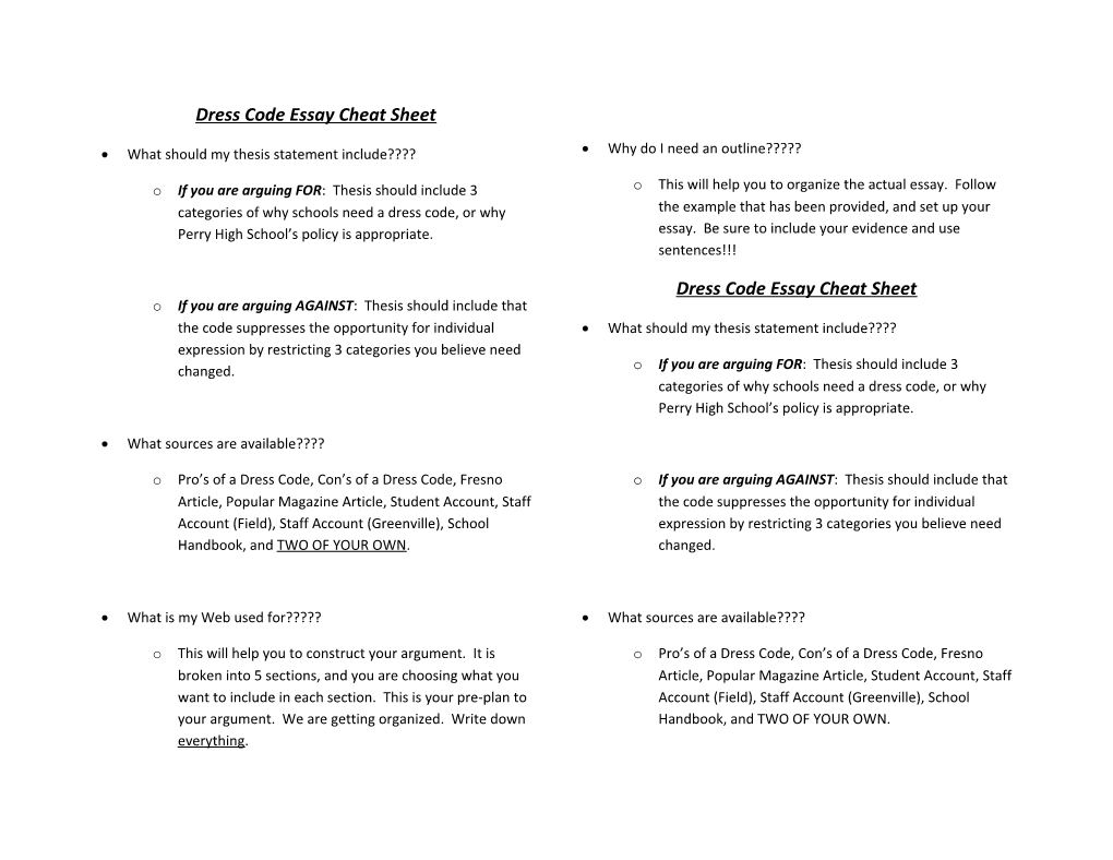 Dress Code Essay Cheat Sheet