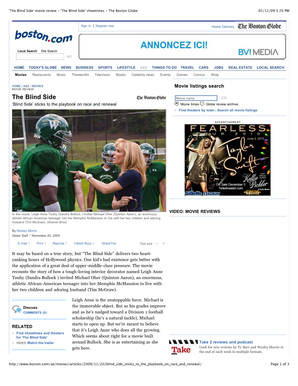 The Blind Side' Movie Review - 'The Blind Side' Showtimes - the Boston Globe 02/12/09 5:20 PM