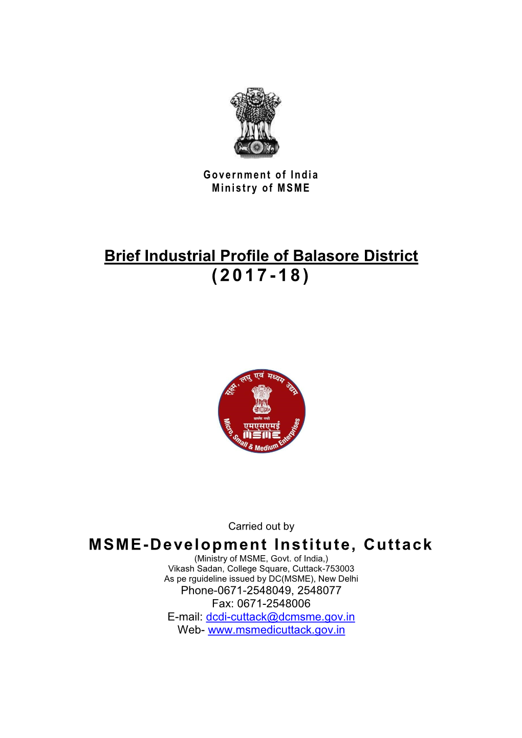 Brief Industrial Profile of Balasore District MSME-Development Institute, Cuttack