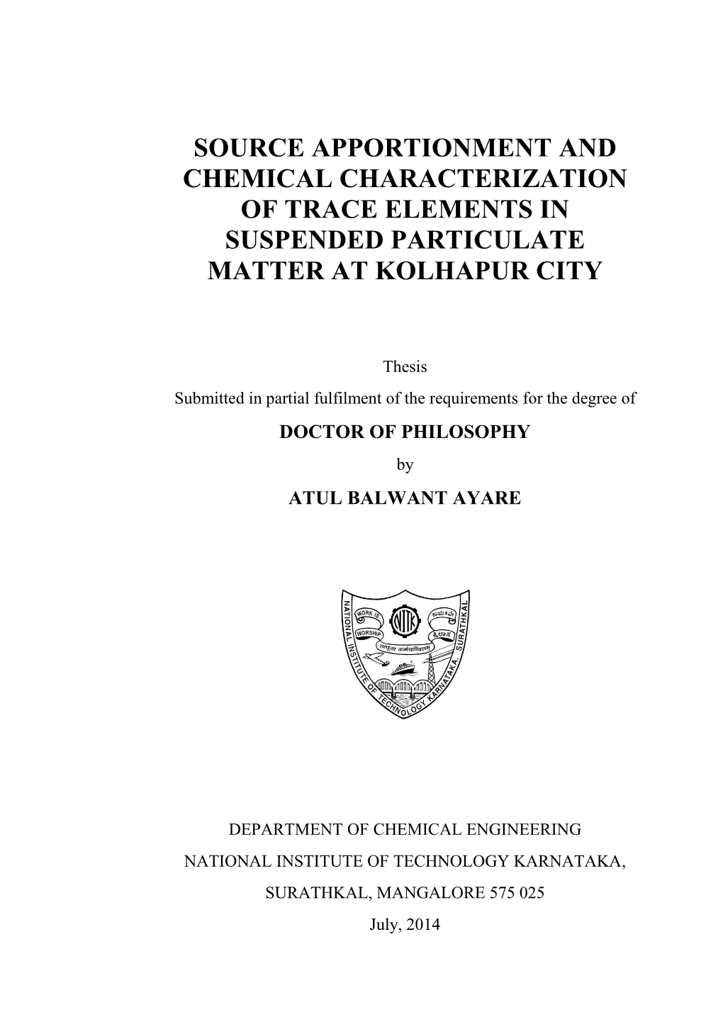 Source Apportionment and Chemical Characterization of Trace Elements in Suspended Particulate Matter at Kolhapur City