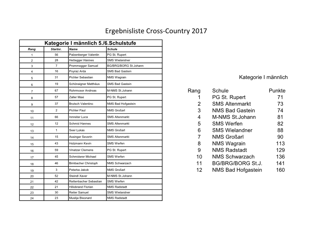 Ergebnisliste Cross-Country 2017