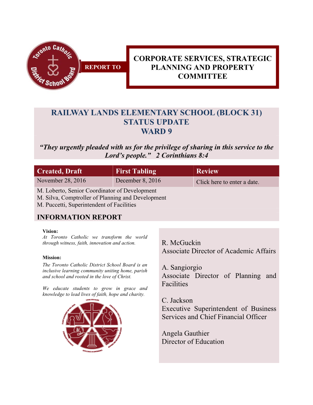 Railway Lands Elementary School (Block 31) Status Update Ward 9