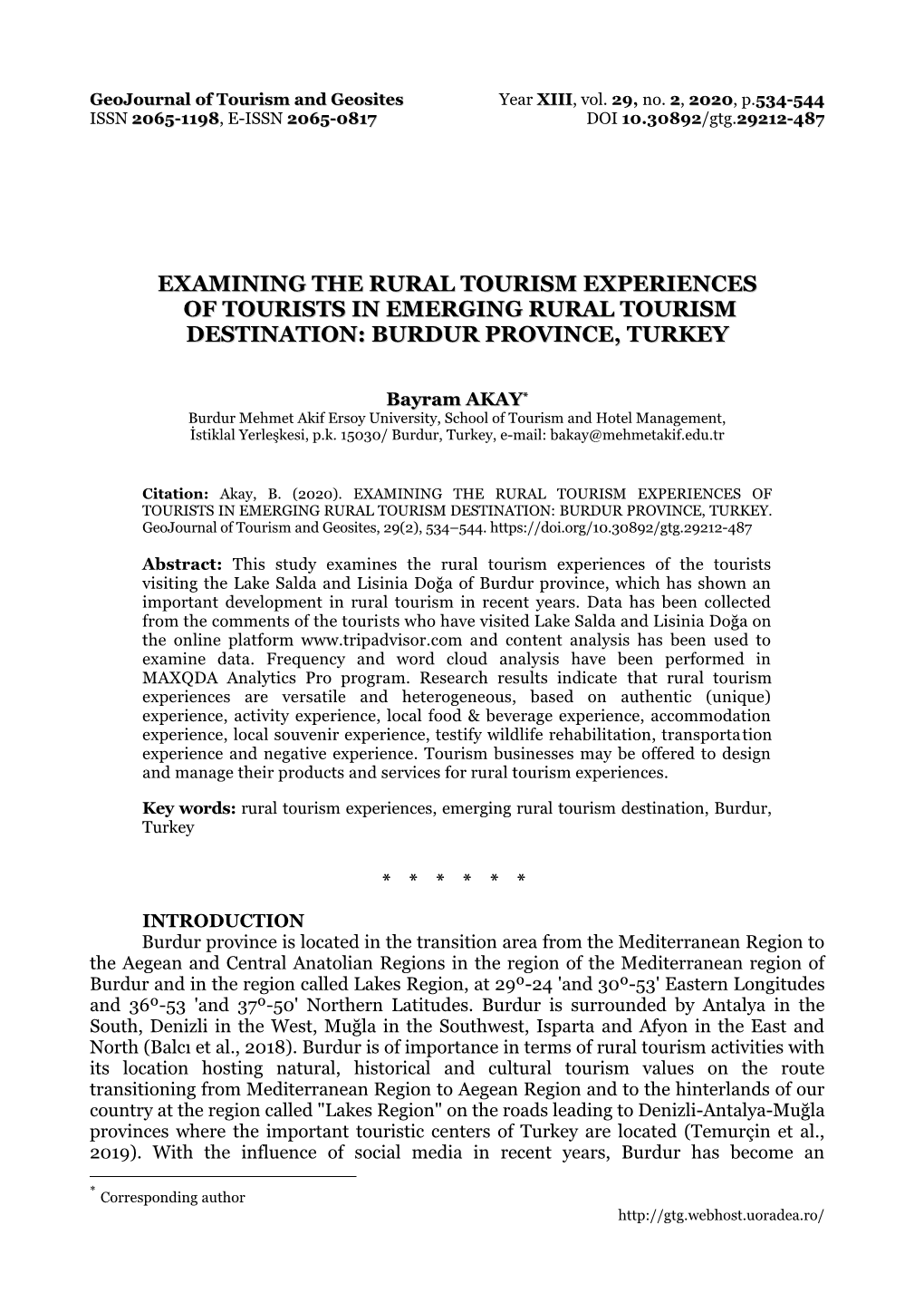 Examining the Rural Tourism Experiences of Tourists in Emerging Rural Tourism Destination: Burdur Province, Turkey