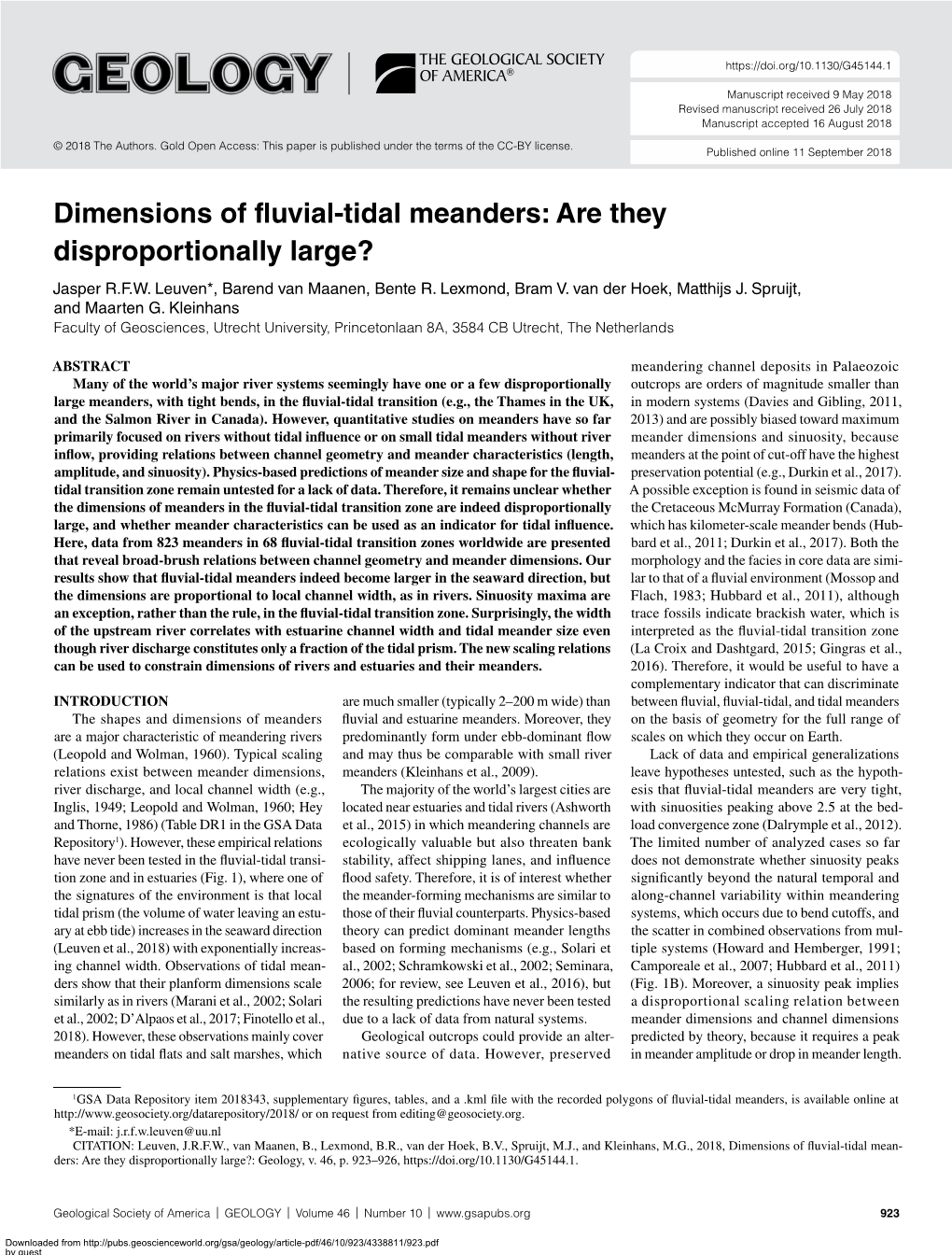 Dimensions of Fluvial-Tidal Meanders: Are They Disproportionally Large? Jasper R.F.W