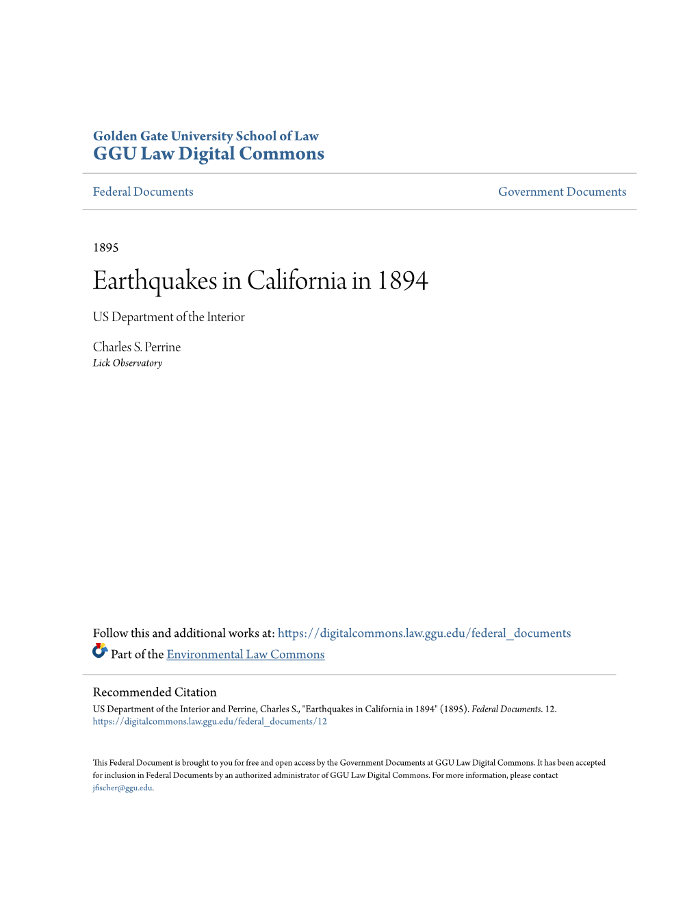 Earthquakes in California in 1894 US Department of the Interior