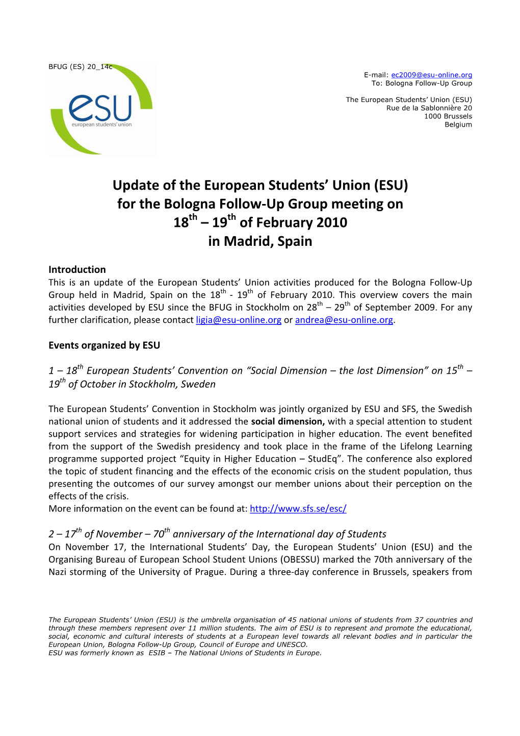 Update of the European Students' Union (ESU) for the Bologna Follow