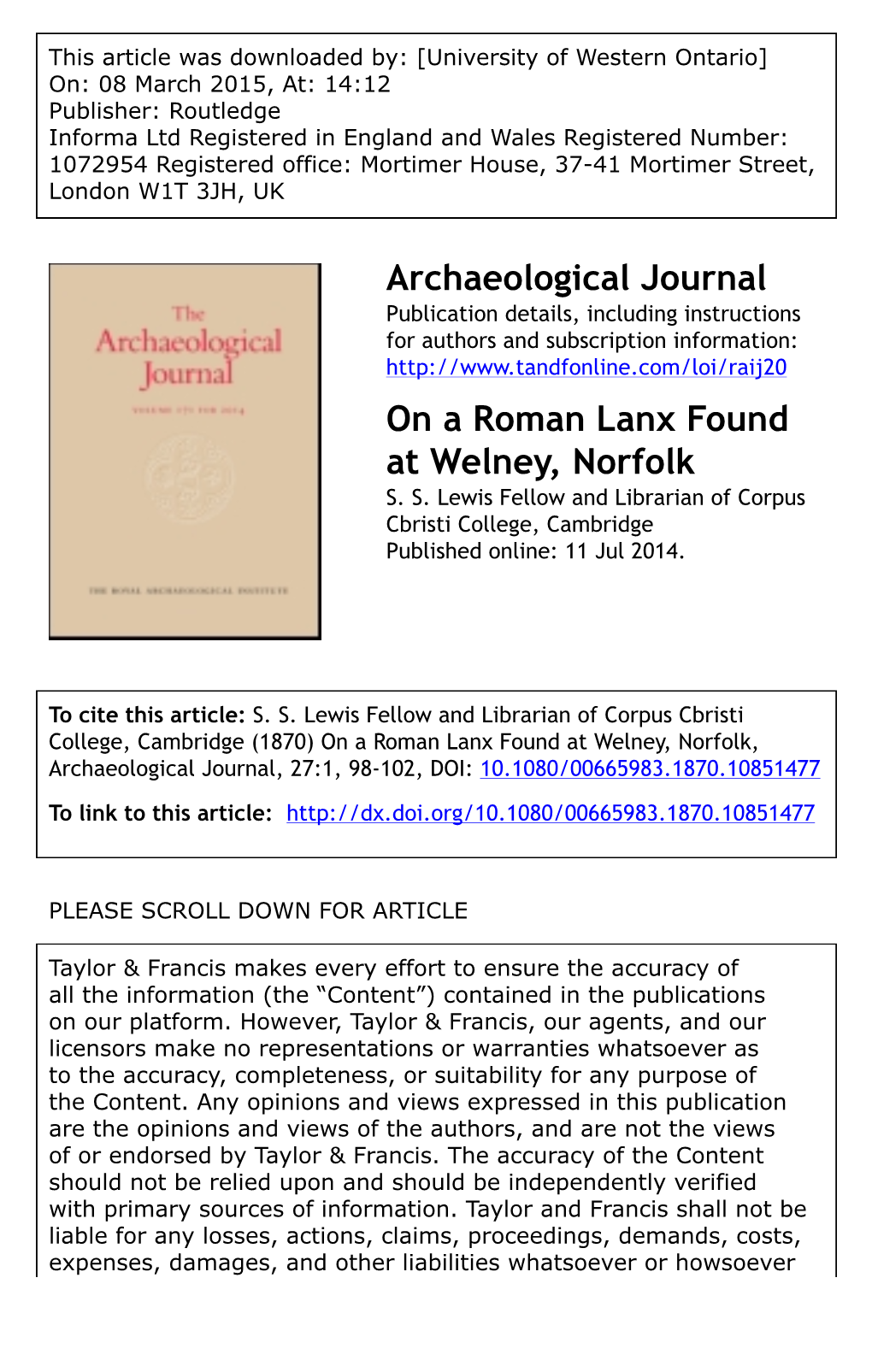 Archaeological Journal on a Roman Lanx Found at Welney, Norfolk