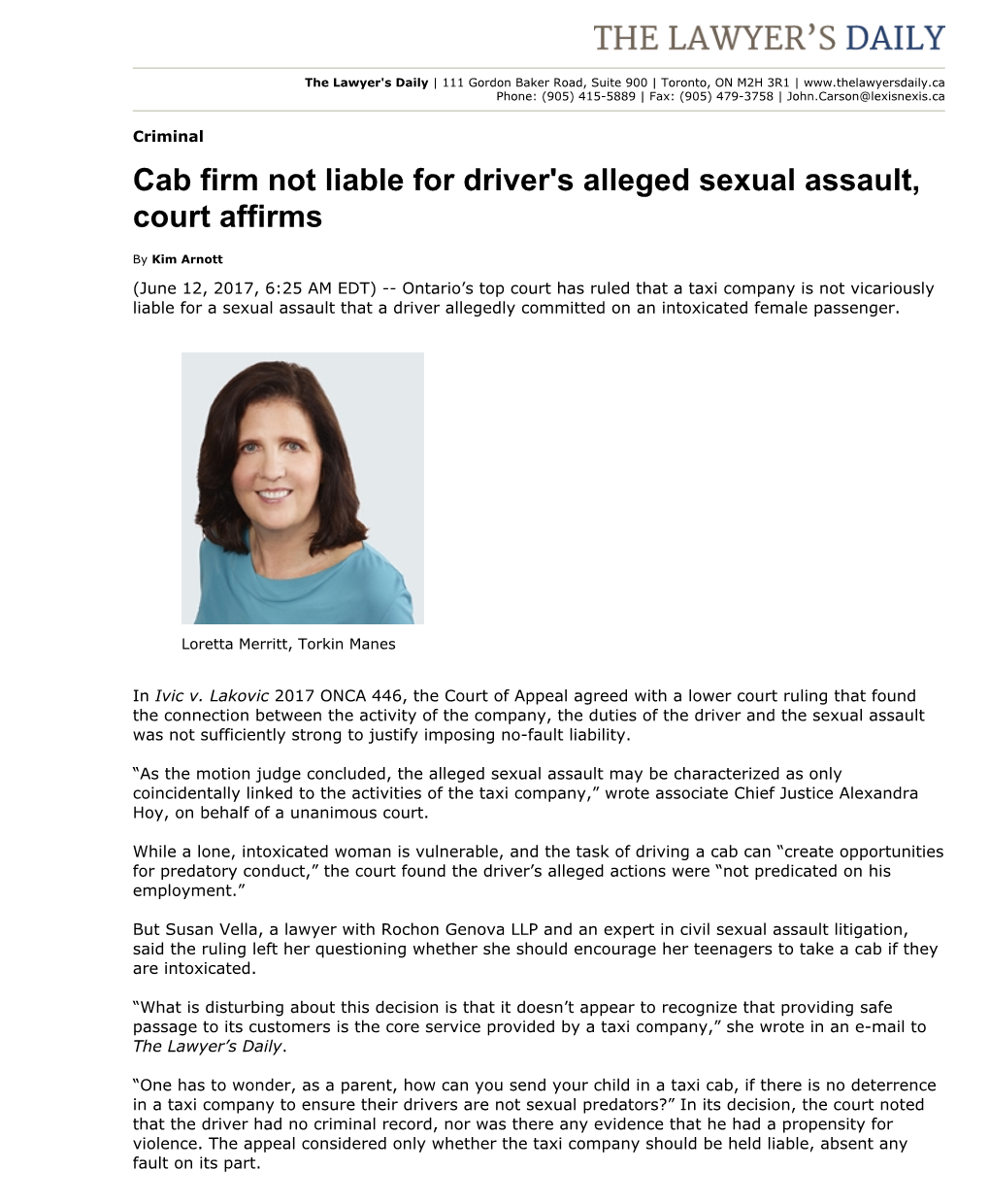 Cab Firm Not Liable for Driver's Alleged Sexual Assault, Court Affirms - the Lawyer's Daily