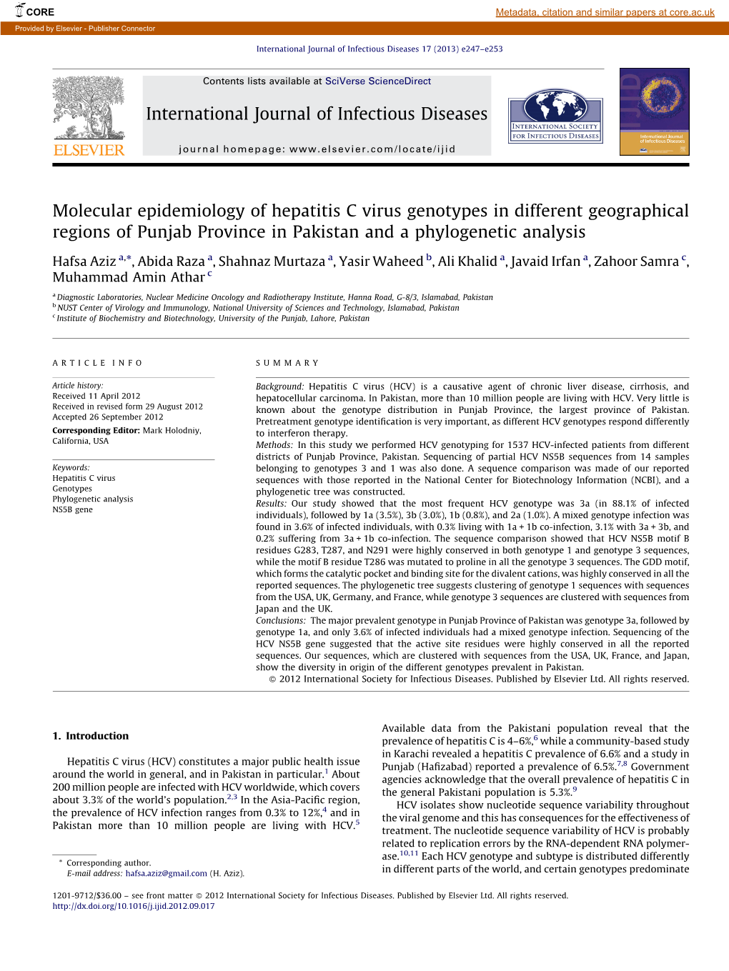 Molecular Epidemiology of Hepatitis C Virus Genotypes in Different Geographical Regions of Punjab Province in Pakistan and A