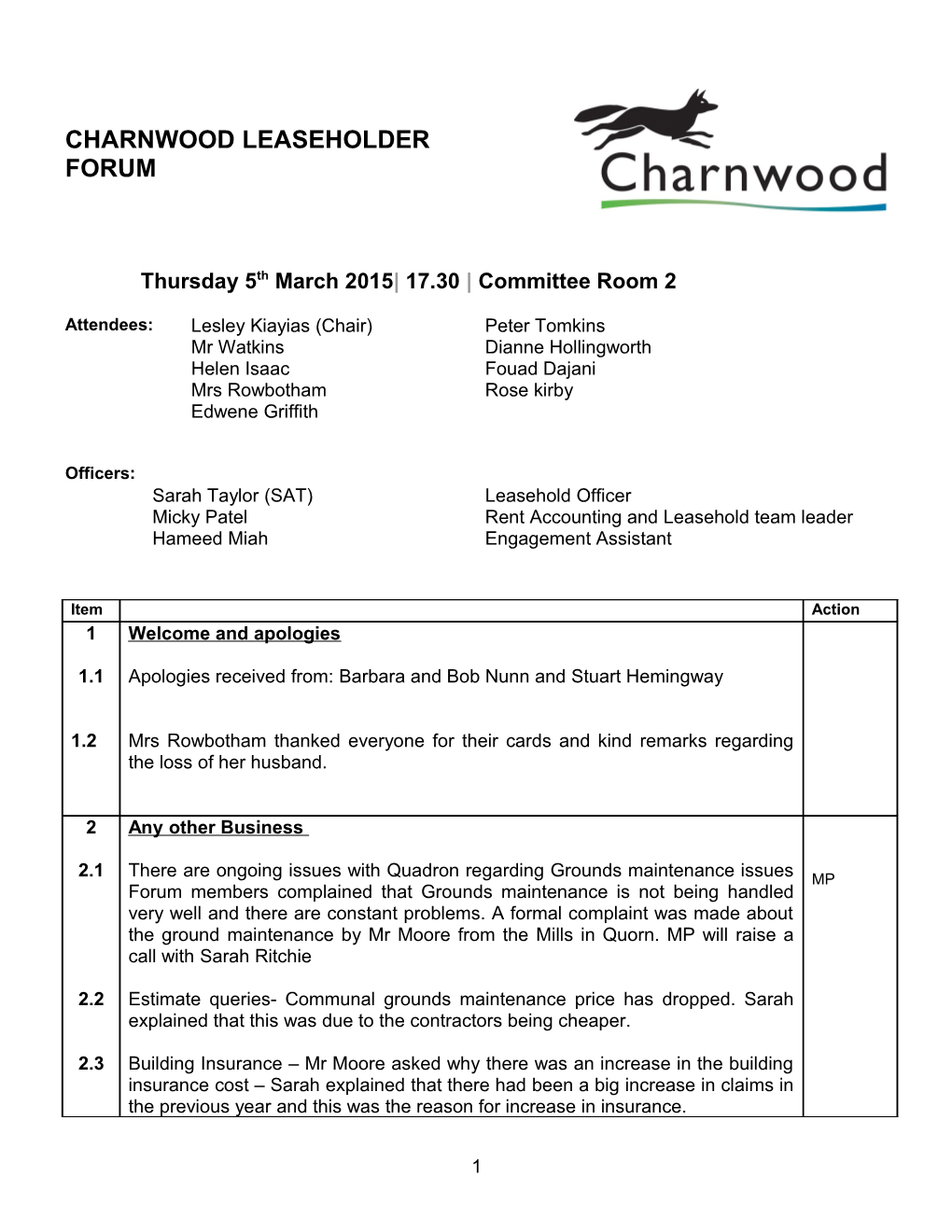 Leaseholders Forum Sub-Group of Charnwood Council Leaseholders and Tenants Association